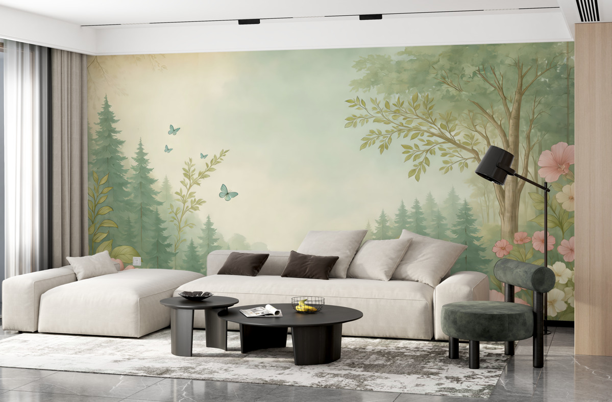 Fototapeta Cudowny las z roślinami i sosnami, fantastyczny, idealistyczny.