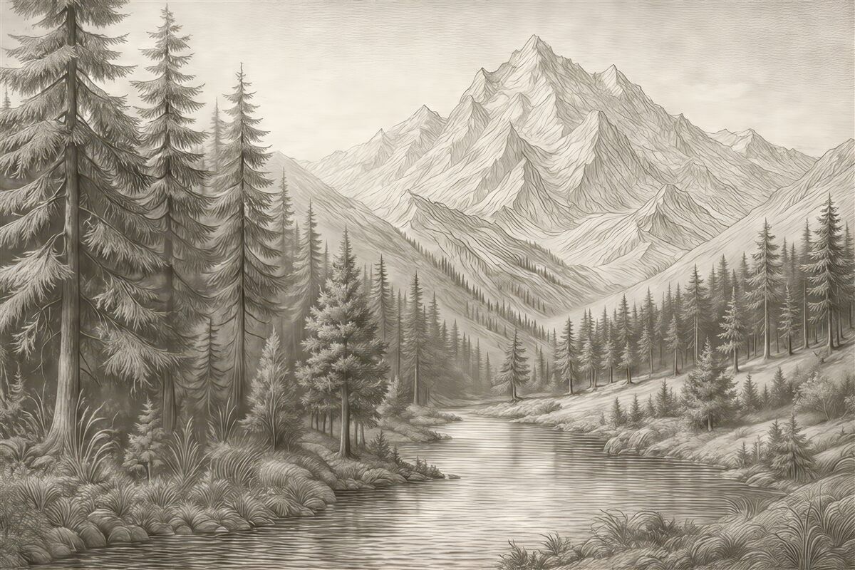 Fototapeta Pejzaż alpejskich szczytów, prostota, zielone odcienie.