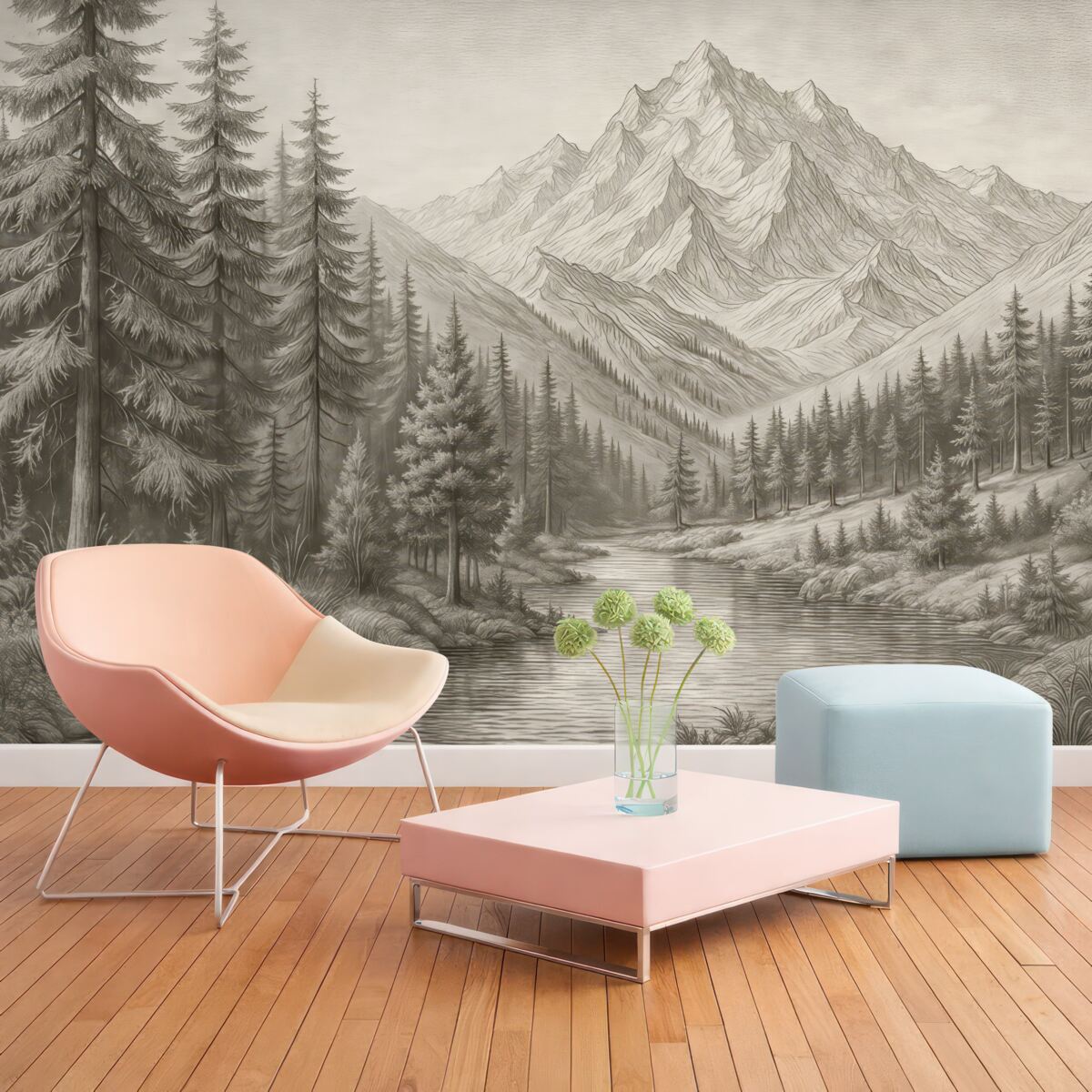 Fototapeta Pejzaż alpejskich szczytów, prostota, zielone odcienie.