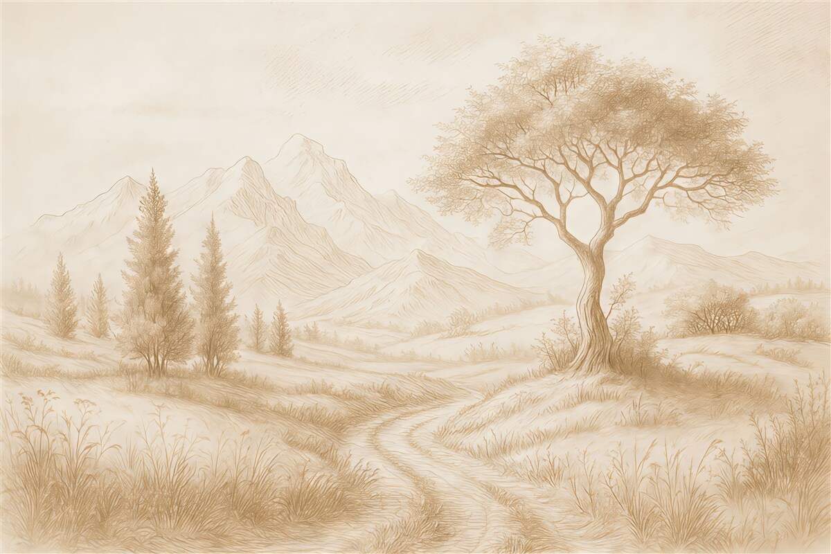 Fototapeta Krajobraz Toskanii, drzewo, łąka, minimalizm, naturalne beżowe odcienie.