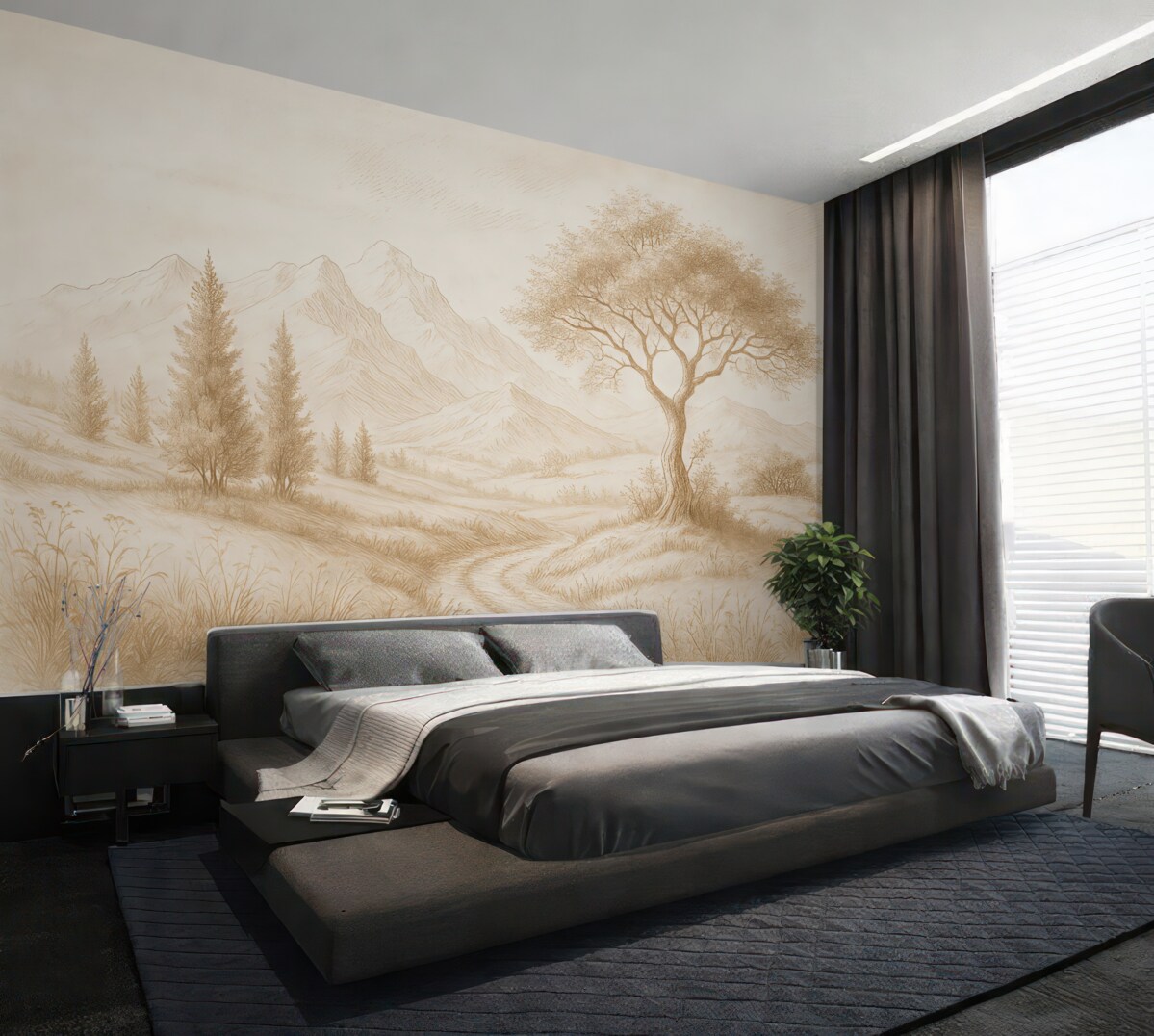 Fototapeta Krajobraz Toskanii, drzewo, łąka, minimalizm, naturalne beżowe odcienie.