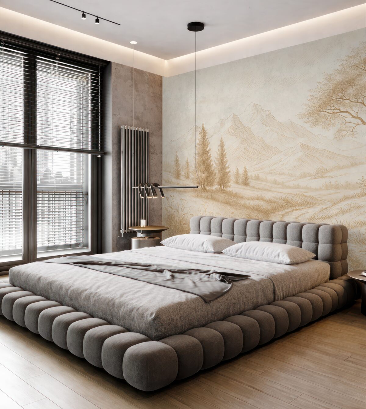 Fototapeta Krajobraz Toskanii, drzewo, łąka, minimalizm, naturalne beżowe odcienie.