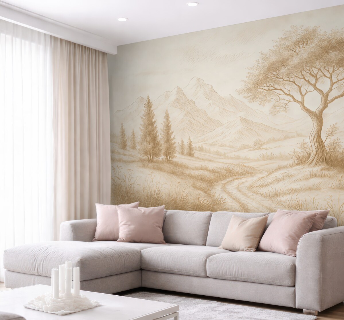 Fototapeta Krajobraz Toskanii, drzewo, łąka, minimalizm, naturalne beżowe odcienie.