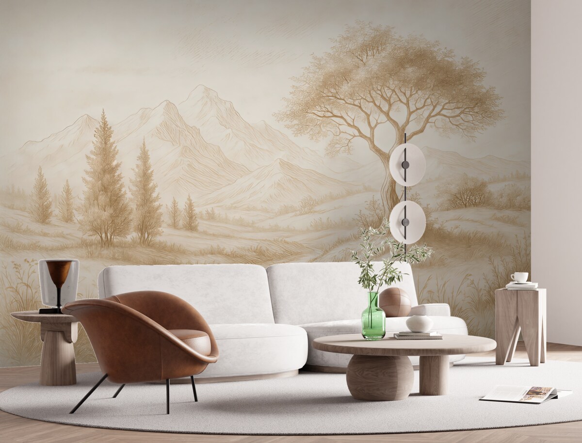 Fototapeta Krajobraz Toskanii, drzewo, łąka, minimalizm, naturalne beżowe odcienie.