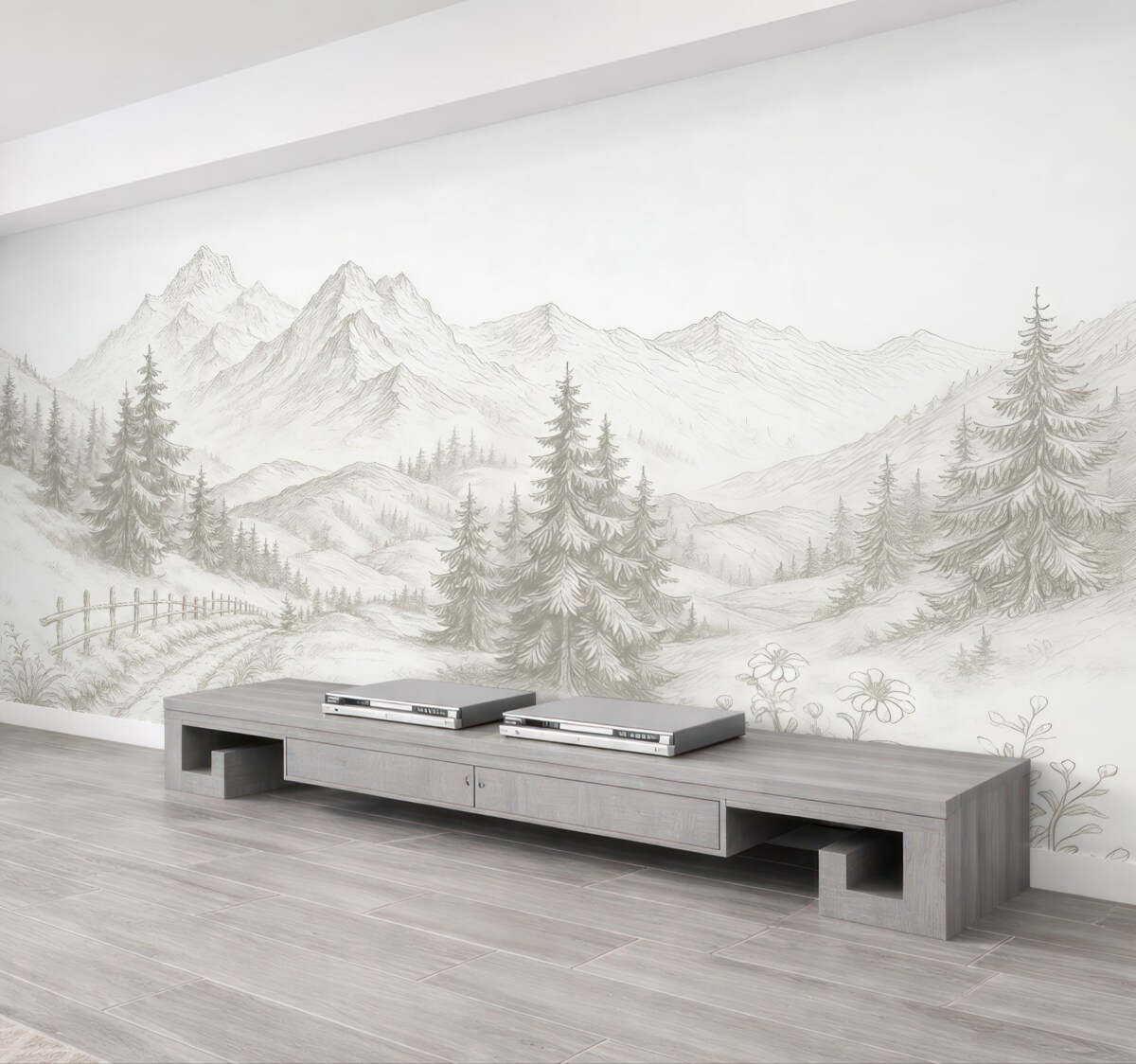 Fototapeta Pejzaż górski, kontur linii, lasy, prostota, beżowe odcienie.