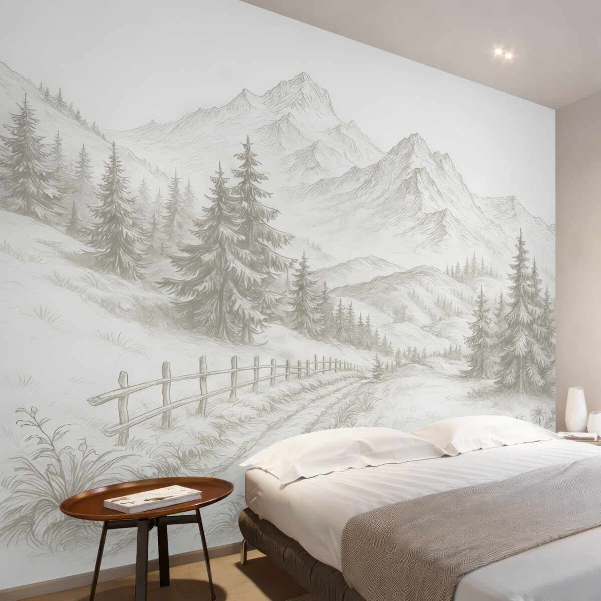 Fototapeta Pejzaż górski, kontur linii, lasy, prostota, beżowe odcienie.