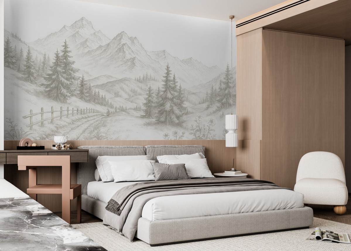 Fototapeta Pejzaż górski, kontur linii, lasy, prostota, beżowe odcienie.