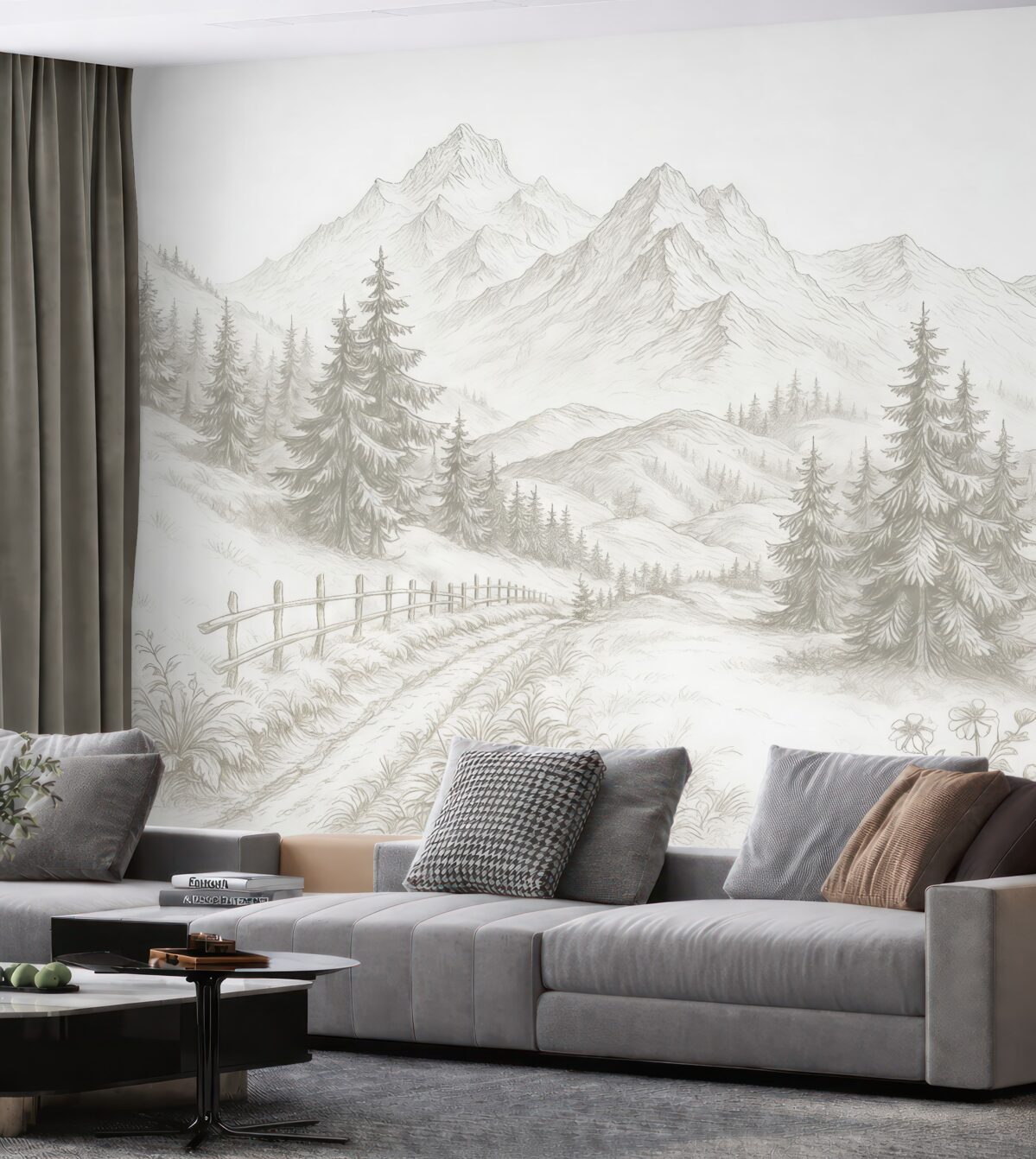 Fototapeta Pejzaż górski, kontur linii, lasy, prostota, beżowe odcienie.