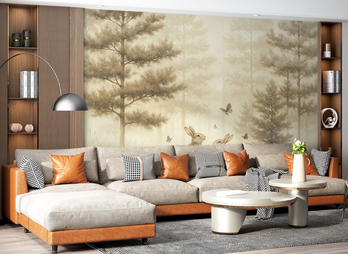 Fototapeta Lasy z jodłami oraz dwoma królikami.