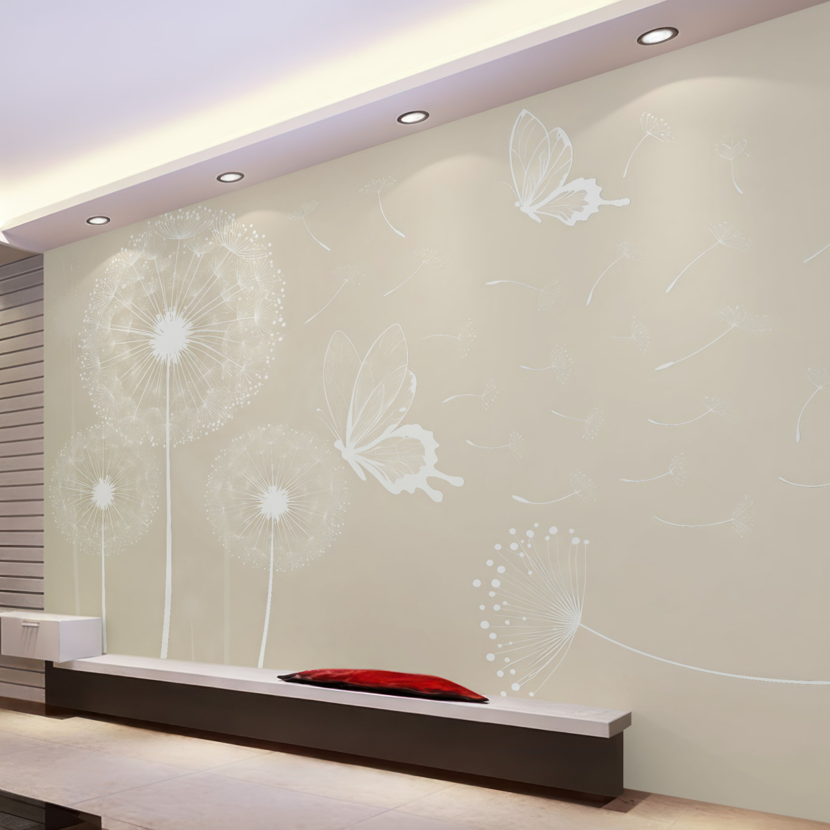 Fototapeta Czułe mlecze z jasnobrązowymi motylami.