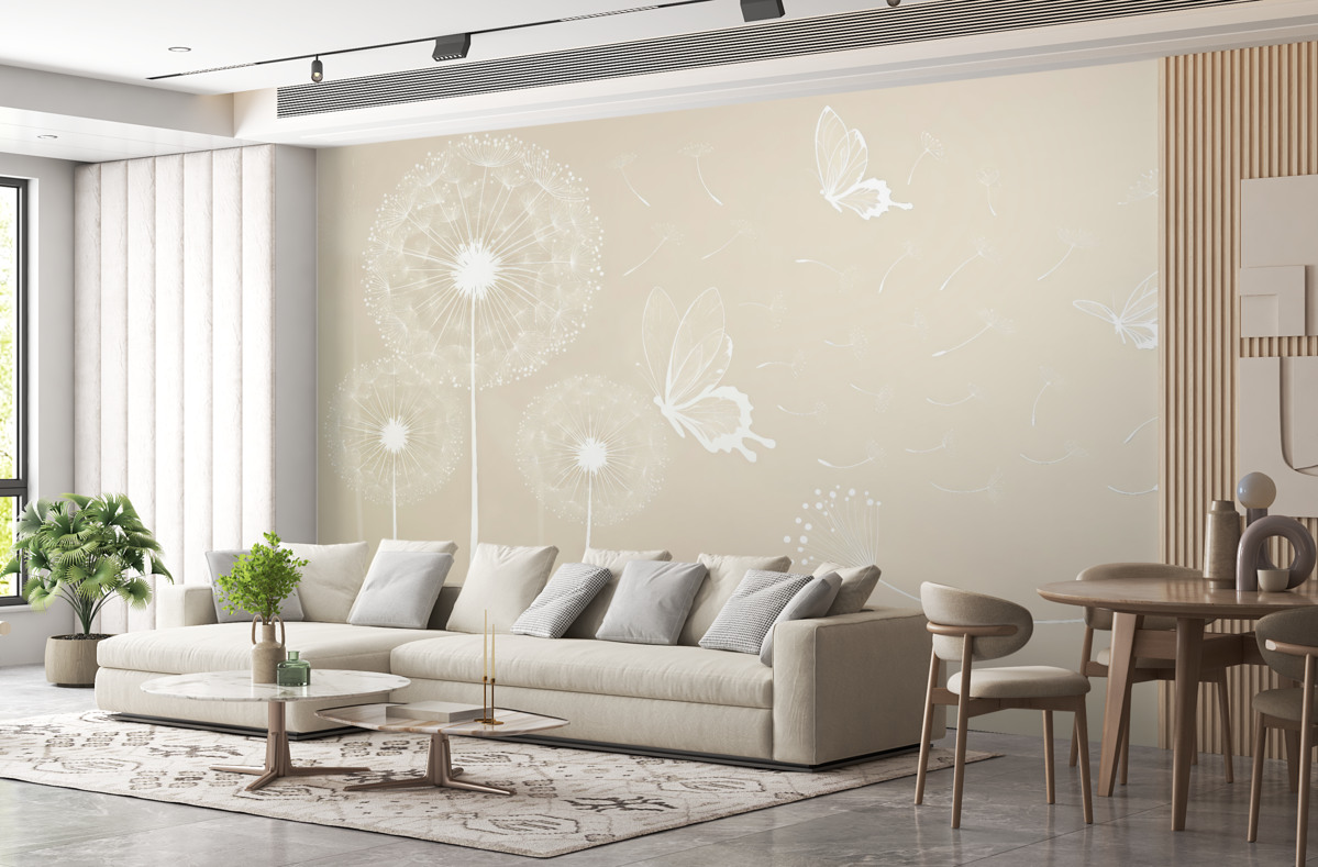 Fototapeta Czułe mlecze z jasnobrązowymi motylami.