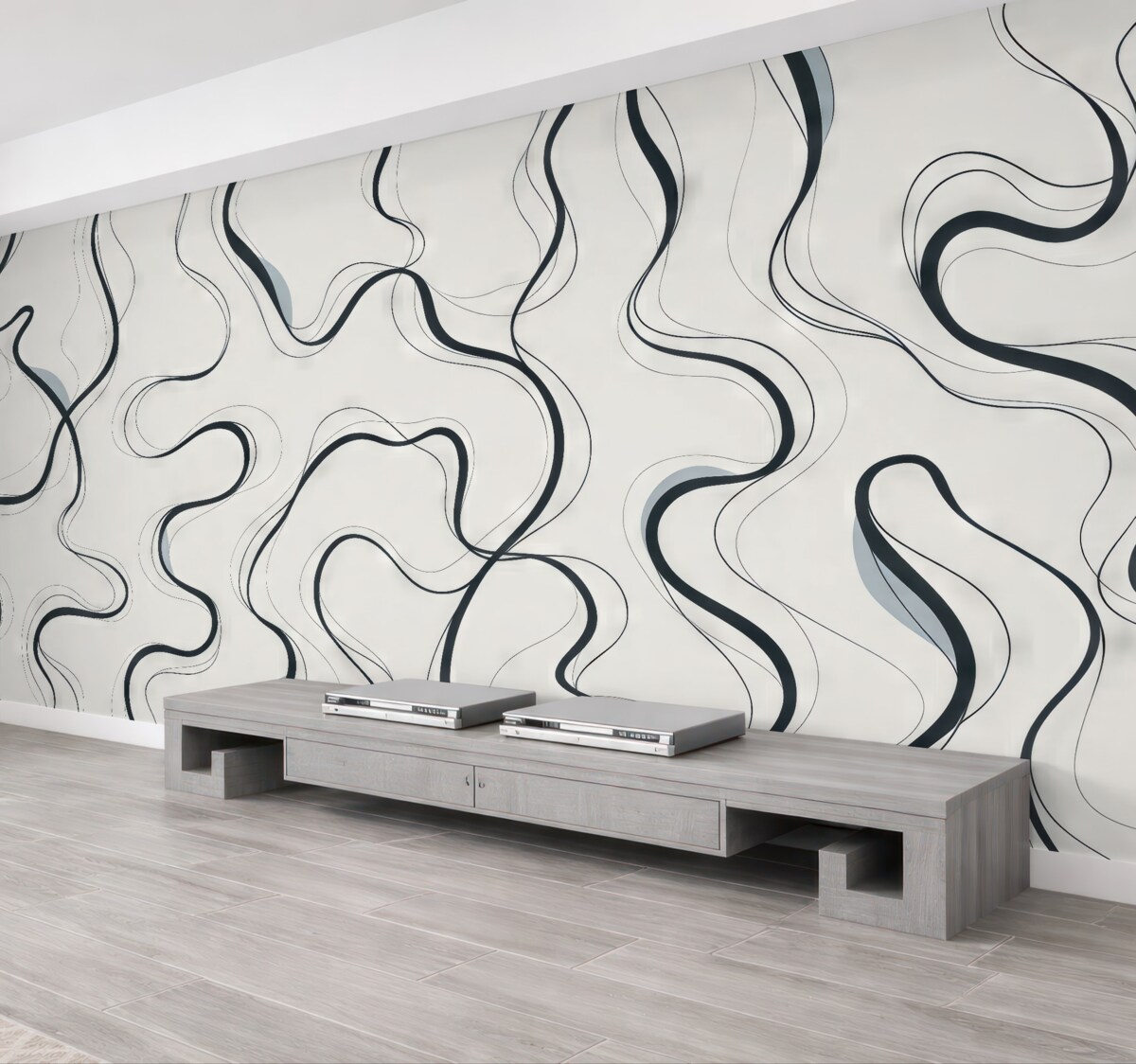 Fototapeta Rysunek atramentem, abstrakcyjny motyw, geomertyczne kształty, szarość i błękit.