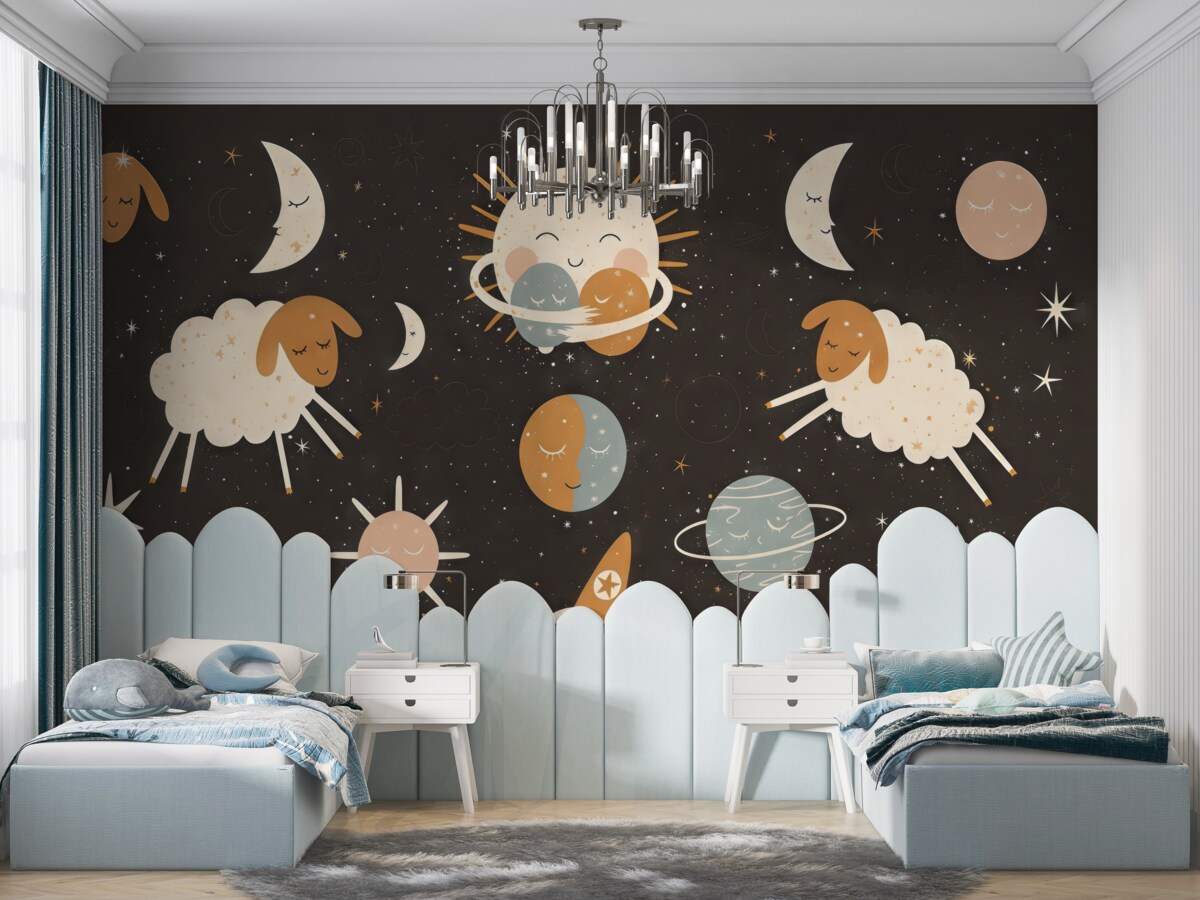 Fototapeta Senny wieczór z figlarnymi barankami.