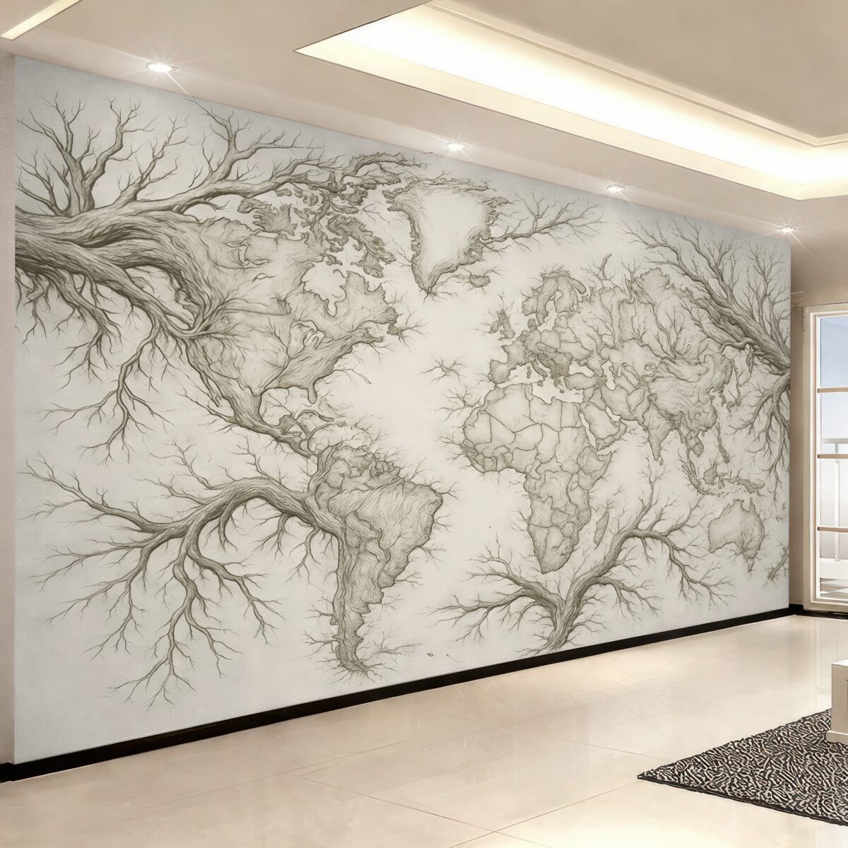 Fototapeta Mapa globu, konary drzew, rysunek konturowy, prostota, przyroda, jasnobeżowy.