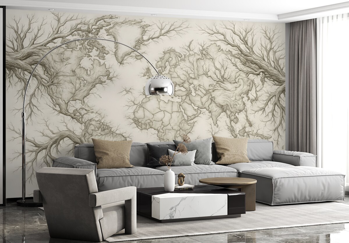 Fototapeta Mapa globu, konary drzew, rysunek konturowy, prostota, przyroda, jasnobeżowy.