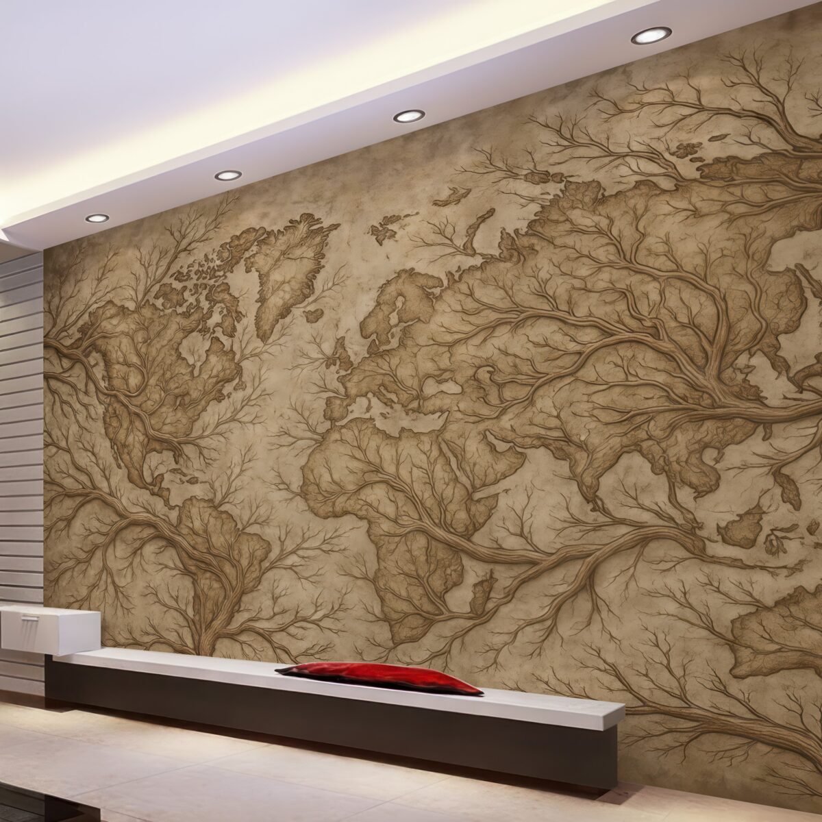 Fototapeta Mapa globu, konary drzew, szkic linii, prostota, tło przyrody, kremowy.