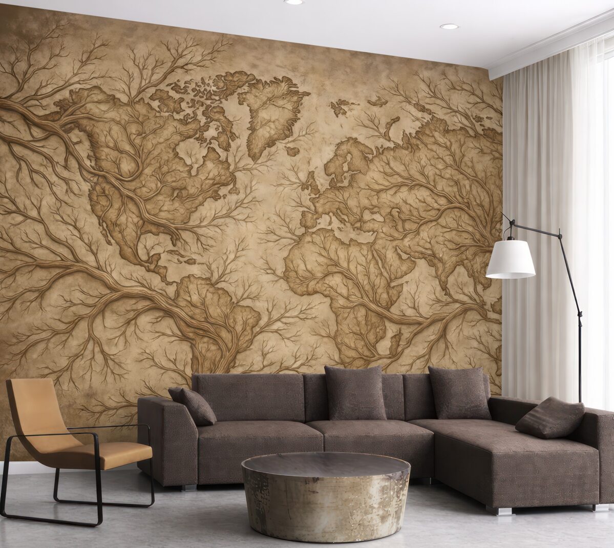 Fototapeta Mapa globu, konary drzew, szkic linii, prostota, tło przyrody, kremowy.