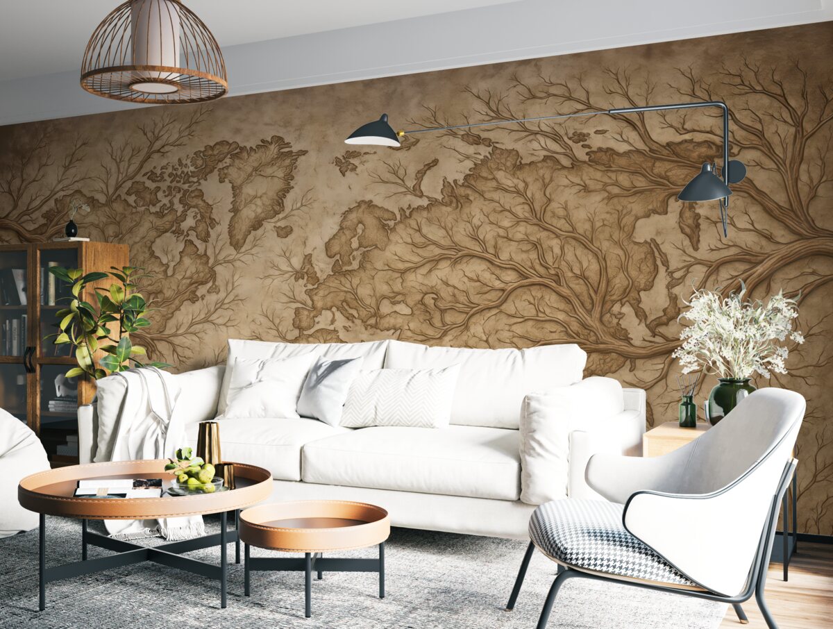 Fototapeta Mapa globu, konary drzew, szkic linii, prostota, tło przyrody, kremowy.