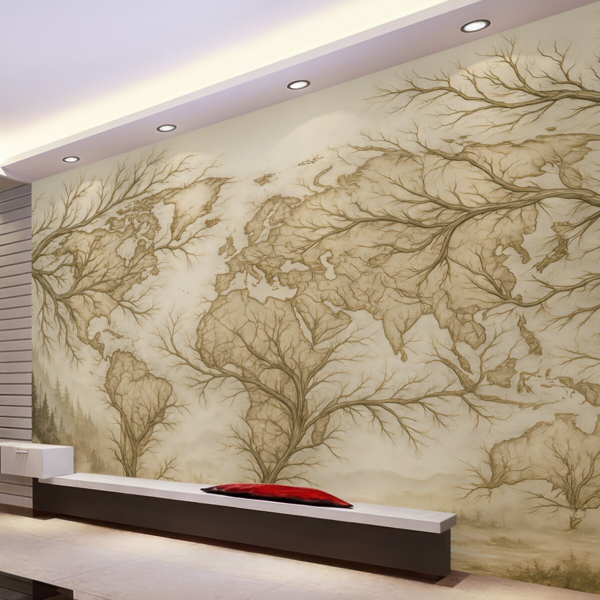 Fototapeta Mapa globu, konary drzew, ilustracja linii, prostota, beżowe tło faktury.