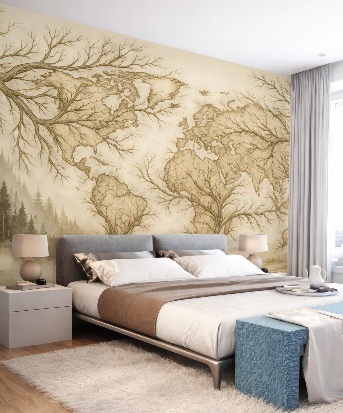 Fototapeta Mapa globu, konary drzew, ilustracja linii, prostota, beżowe tło faktury.