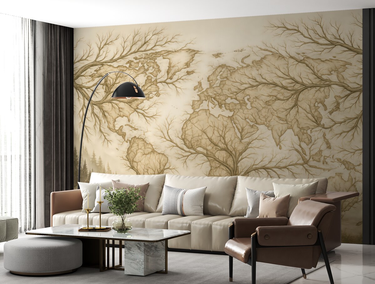 Fototapeta Mapa globu, konary drzew, ilustracja linii, prostota, beżowe tło faktury.