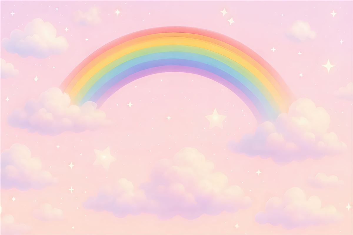 Fototapeta Kapryśna wielobarwna tęcza wśród puchowych chmur.