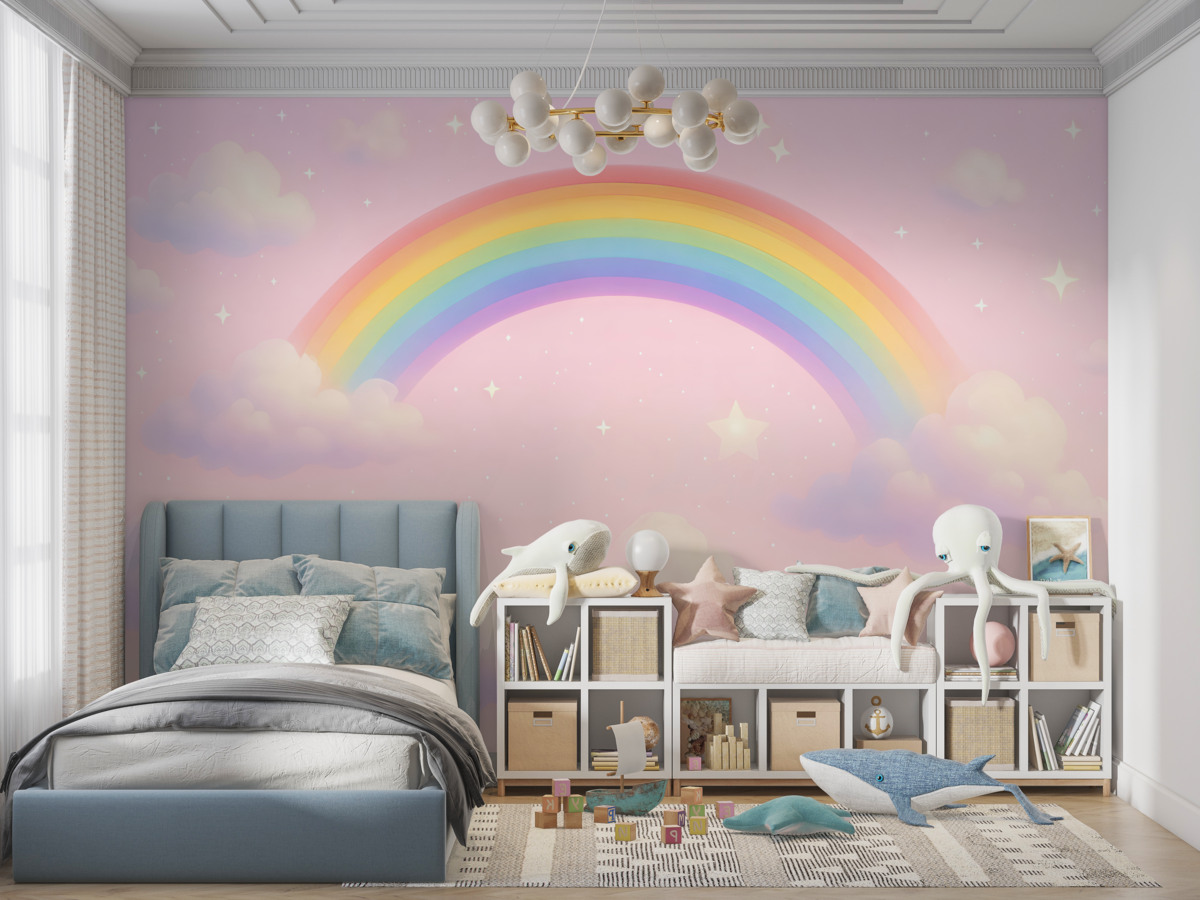 Fototapeta Kapryśna wielobarwna tęcza wśród puchowych chmur.