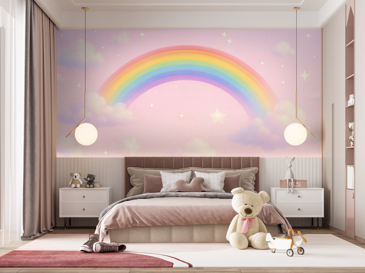 Fototapeta Kapryśna wielobarwna tęcza wśród puchowych chmur.