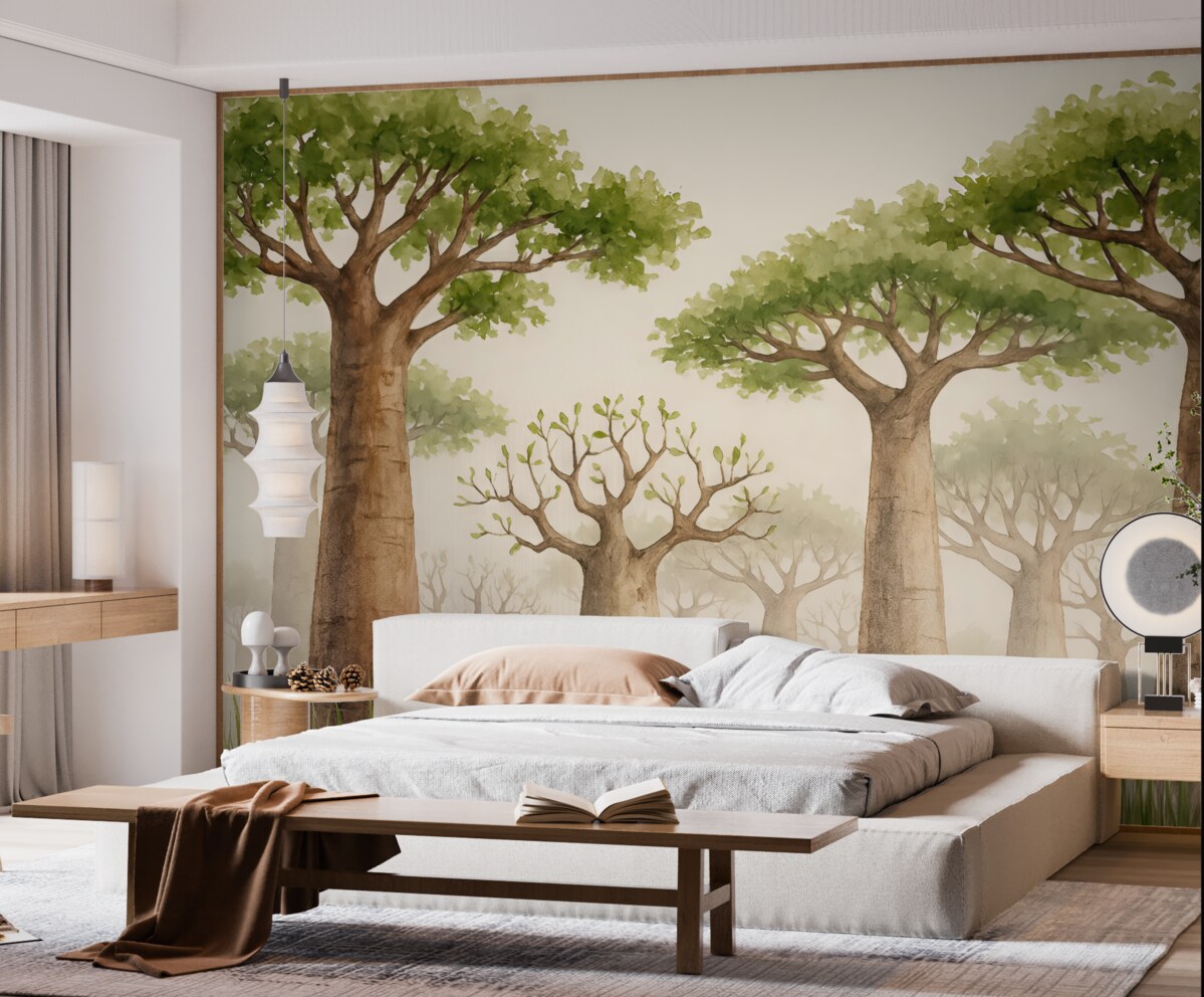 Fototapeta Baobab, inspiracja safari, las, odcienie beżu i zieleni.