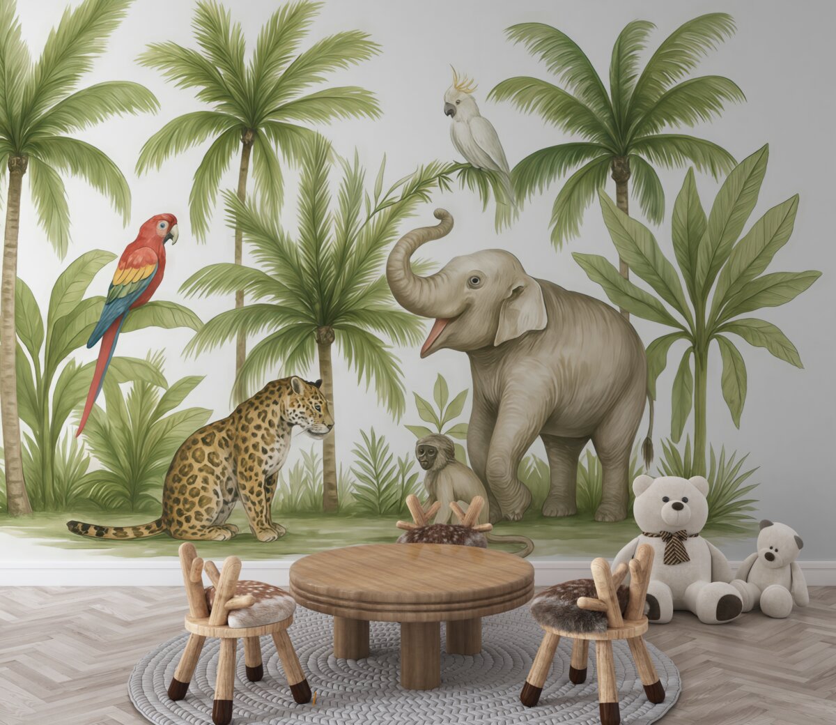 Fototapeta Zwierzęta z safari, słoń, lew, małpa, palmy, rysunek grafitem, ptaki g Kristo z papugami.