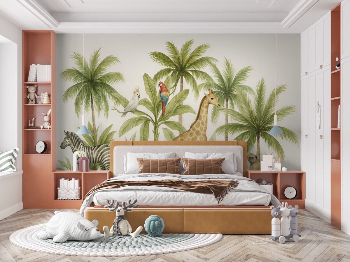 Fototapeta Fauna safari, żyrafa, leopardo, małpka, zebra, palmy, rysunek grafitem, papugi.