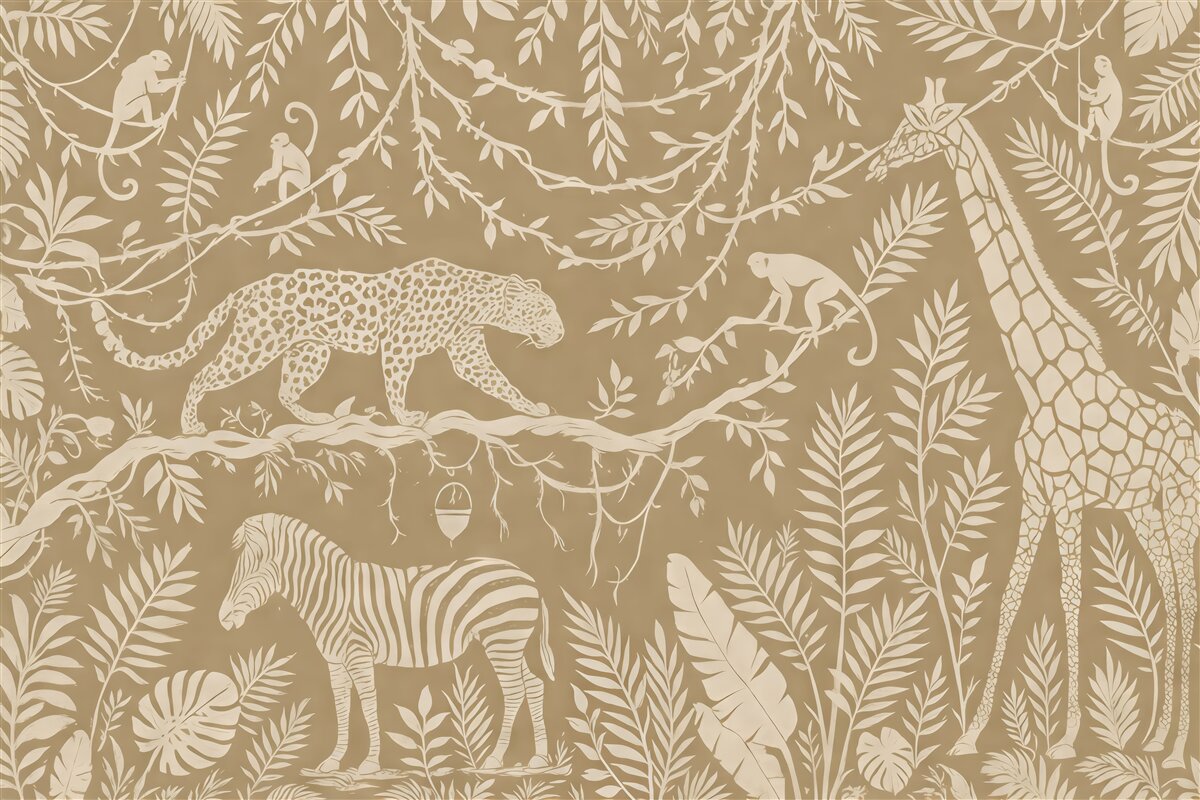 Fototapeta Abstrakcyjna sztuka lasu tropikalnego, pnącza, leopard, żyrafa, małpy, palmy, monstera, odcienie beżu i bieli.