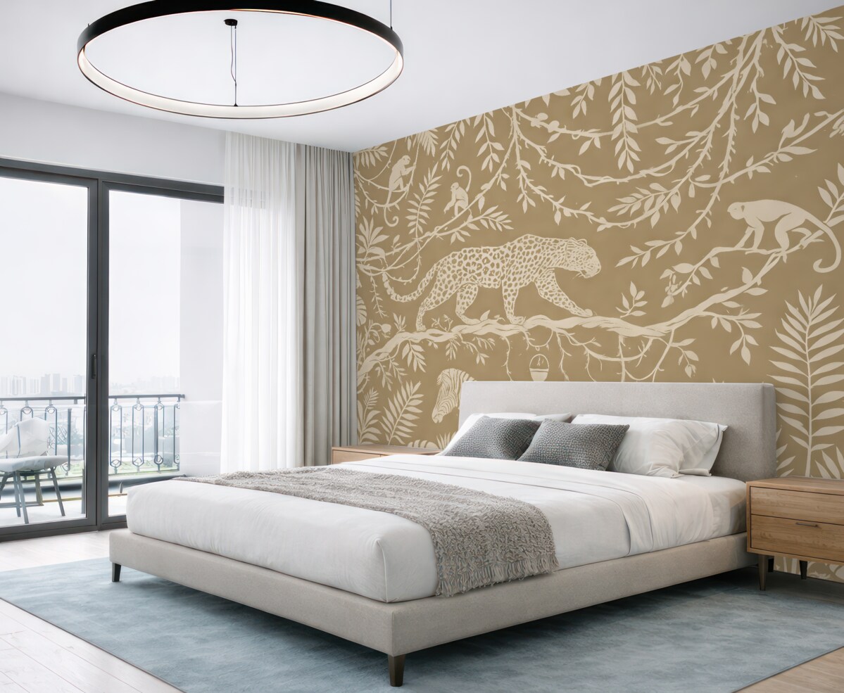 Fototapeta Abstrakcyjna sztuka lasu tropikalnego, pnącza, leopard, żyrafa, małpy, palmy, monstera, odcienie beżu i bieli.