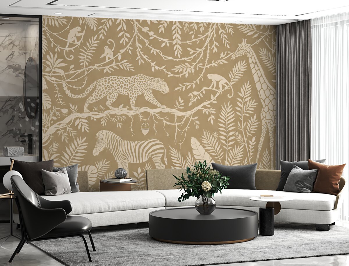 Fototapeta Abstrakcyjna sztuka lasu tropikalnego, pnącza, leopard, żyrafa, małpy, palmy, monstera, odcienie beżu i bieli.