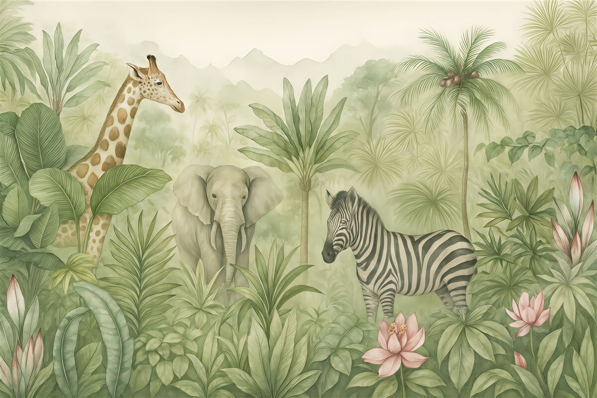 Fototapeta Dżunglowy las, palmy, żyrafa, słoń, zebra, akwarela, zieleń, bananowiec, kwiaty.