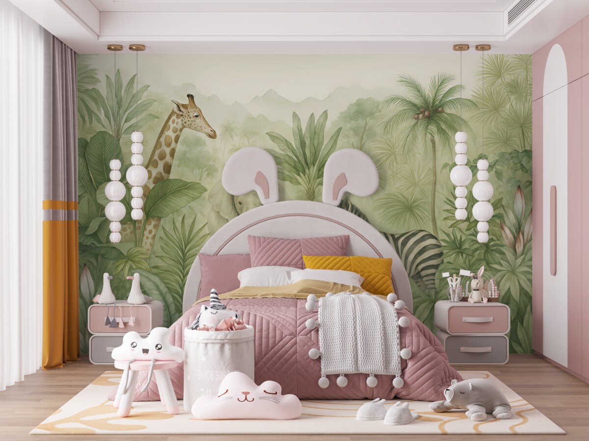 Fototapeta Dżunglowy las, palmy, żyrafa, słoń, zebra, akwarela, zieleń, bananowiec, kwiaty.