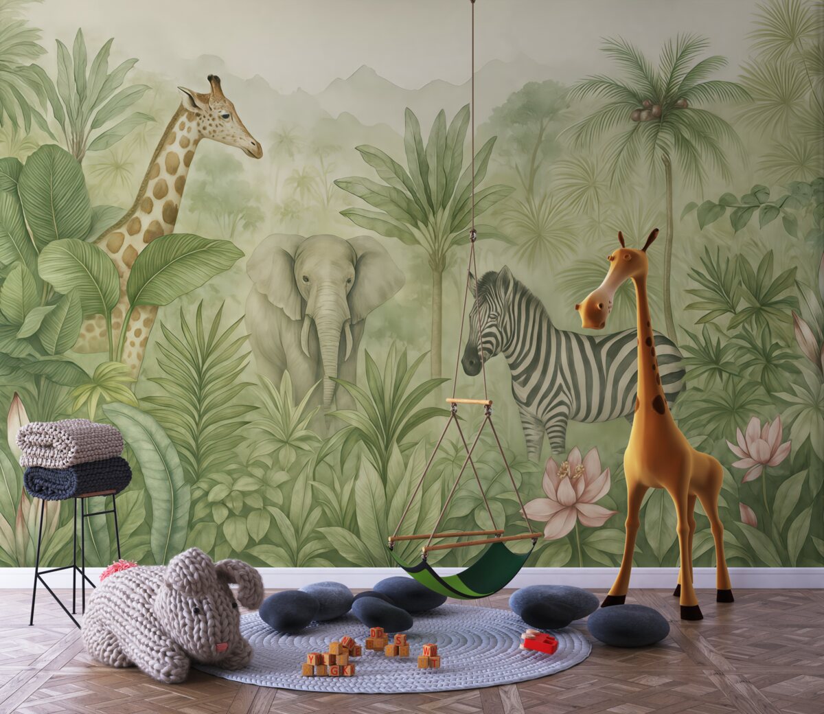 Fototapeta Dżunglowy las, palmy, żyrafa, słoń, zebra, akwarela, zieleń, bananowiec, kwiaty.