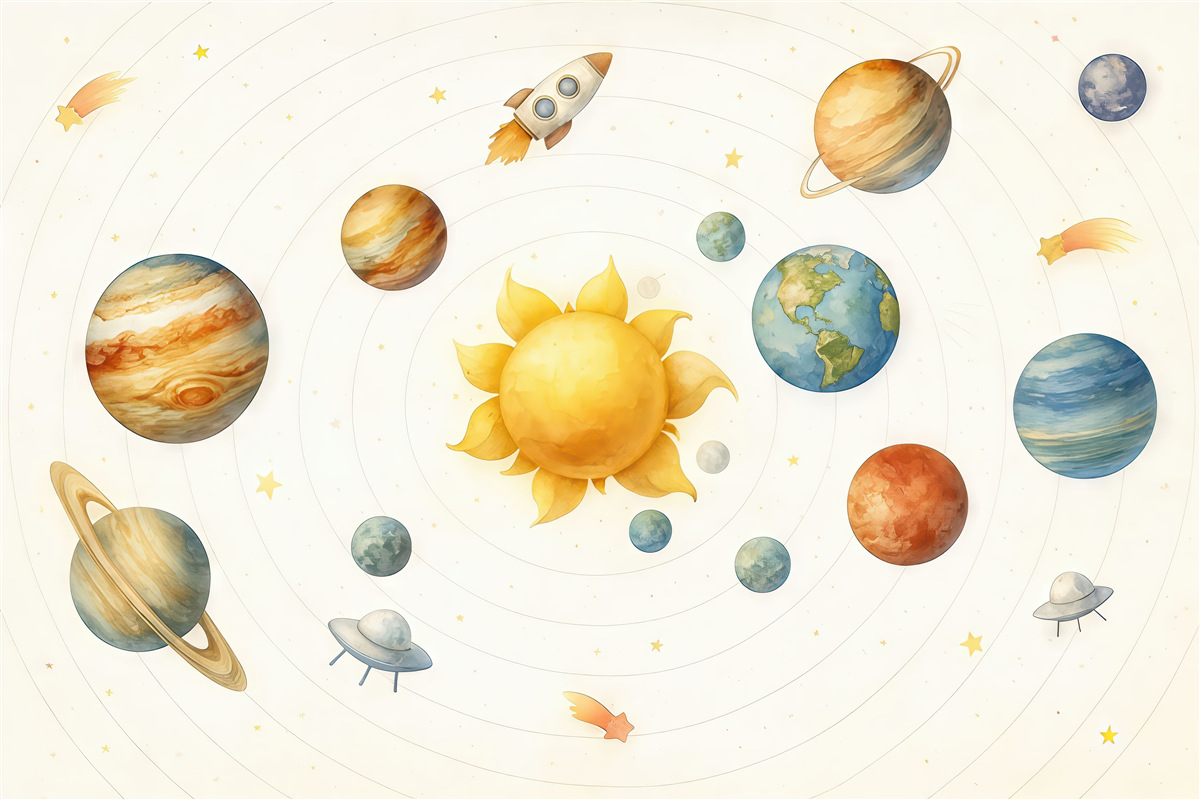 Fototapeta Układ planetarny, ciała niebieskie, słońce, pojazd kosmiczny, obiekt UFO, satelita, konstelacje, jasne tło.