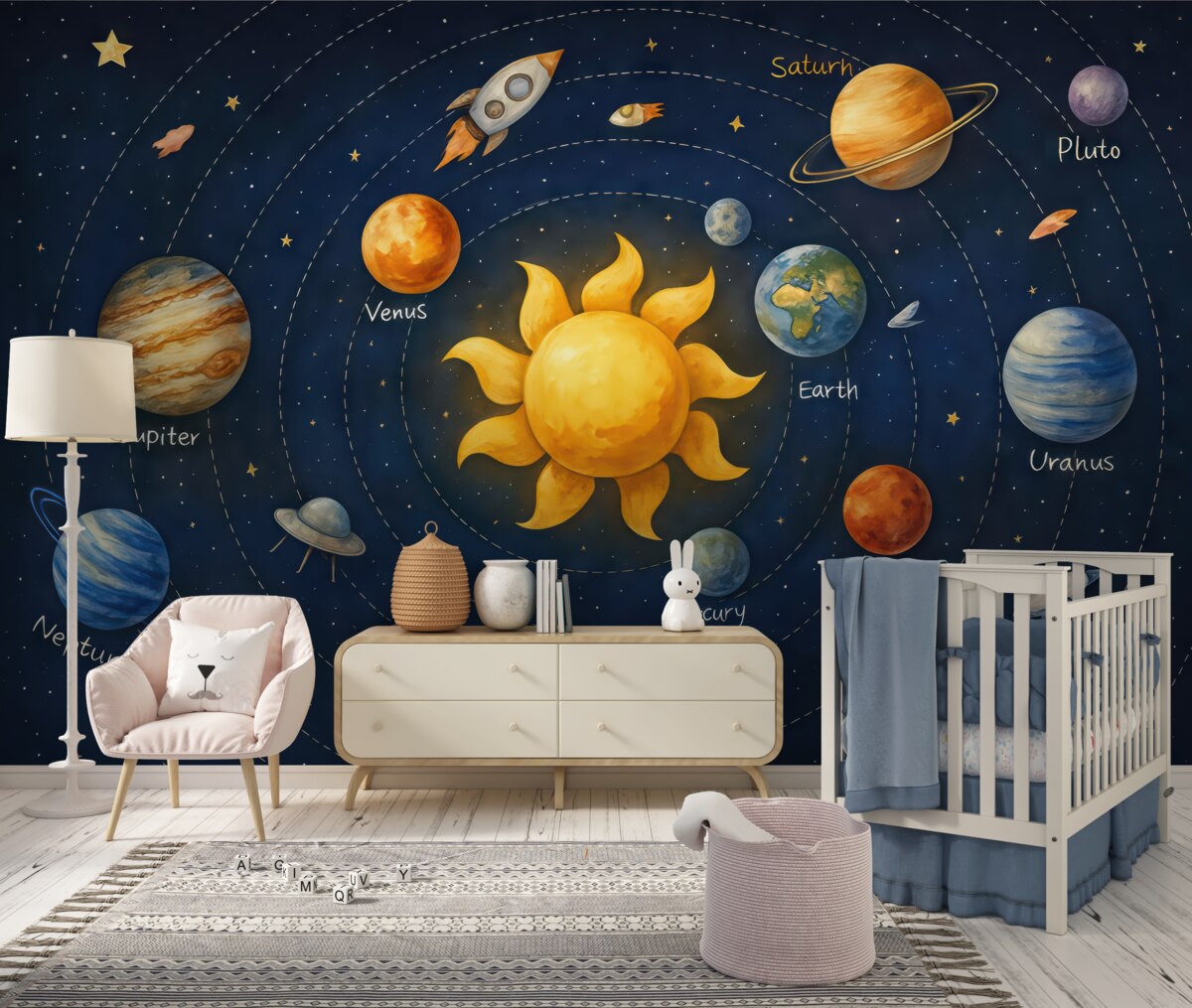 Fototapeta Układ planetarny, ciała niebieskie, słońce, statek kosmiczny, obiekt nieznany, satelita, konstelacje, mroczna przestrzeń.