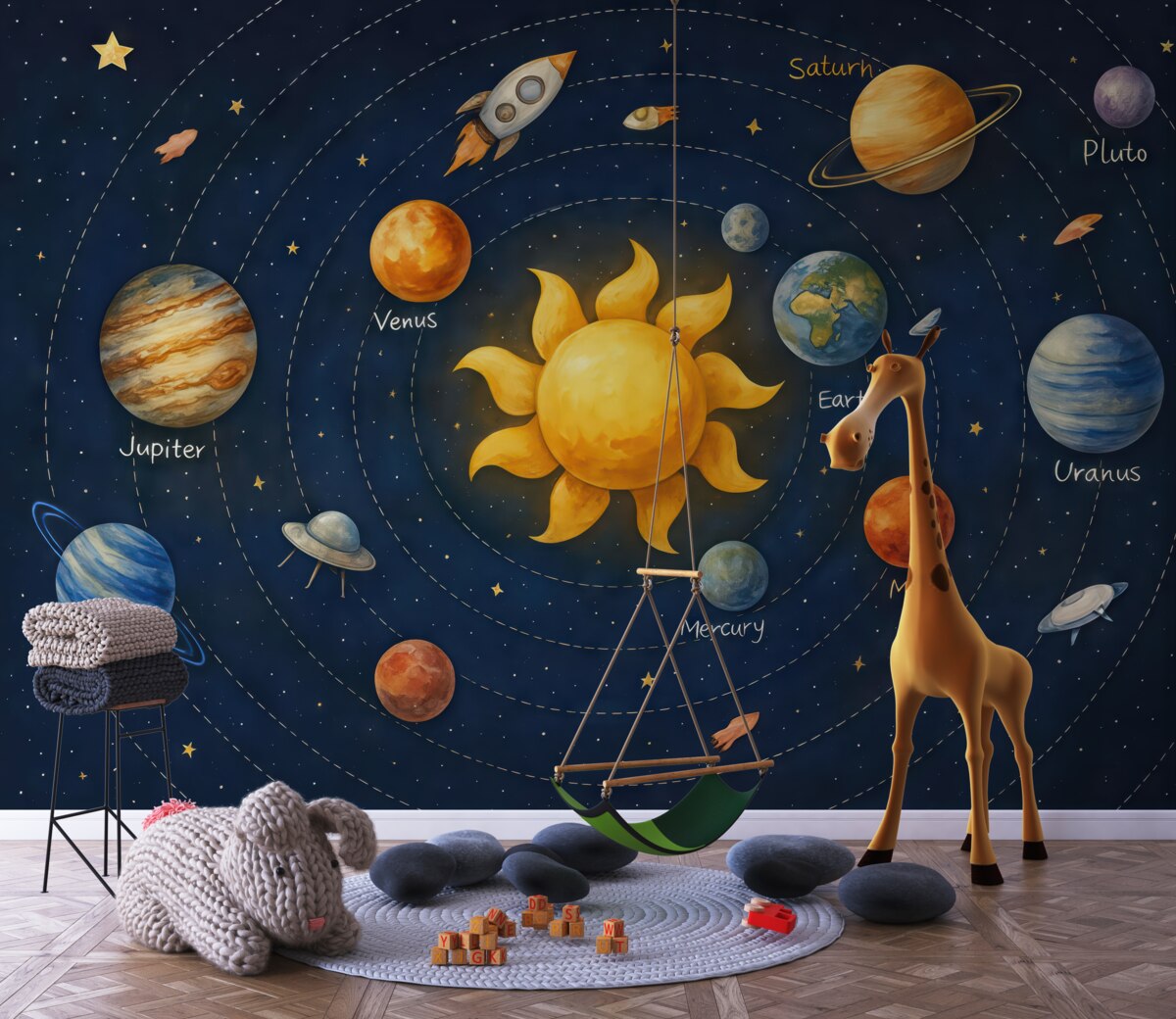 Fototapeta Układ planetarny, ciała niebieskie, słońce, statek kosmiczny, obiekt nieznany, satelita, konstelacje, mroczna przestrzeń.