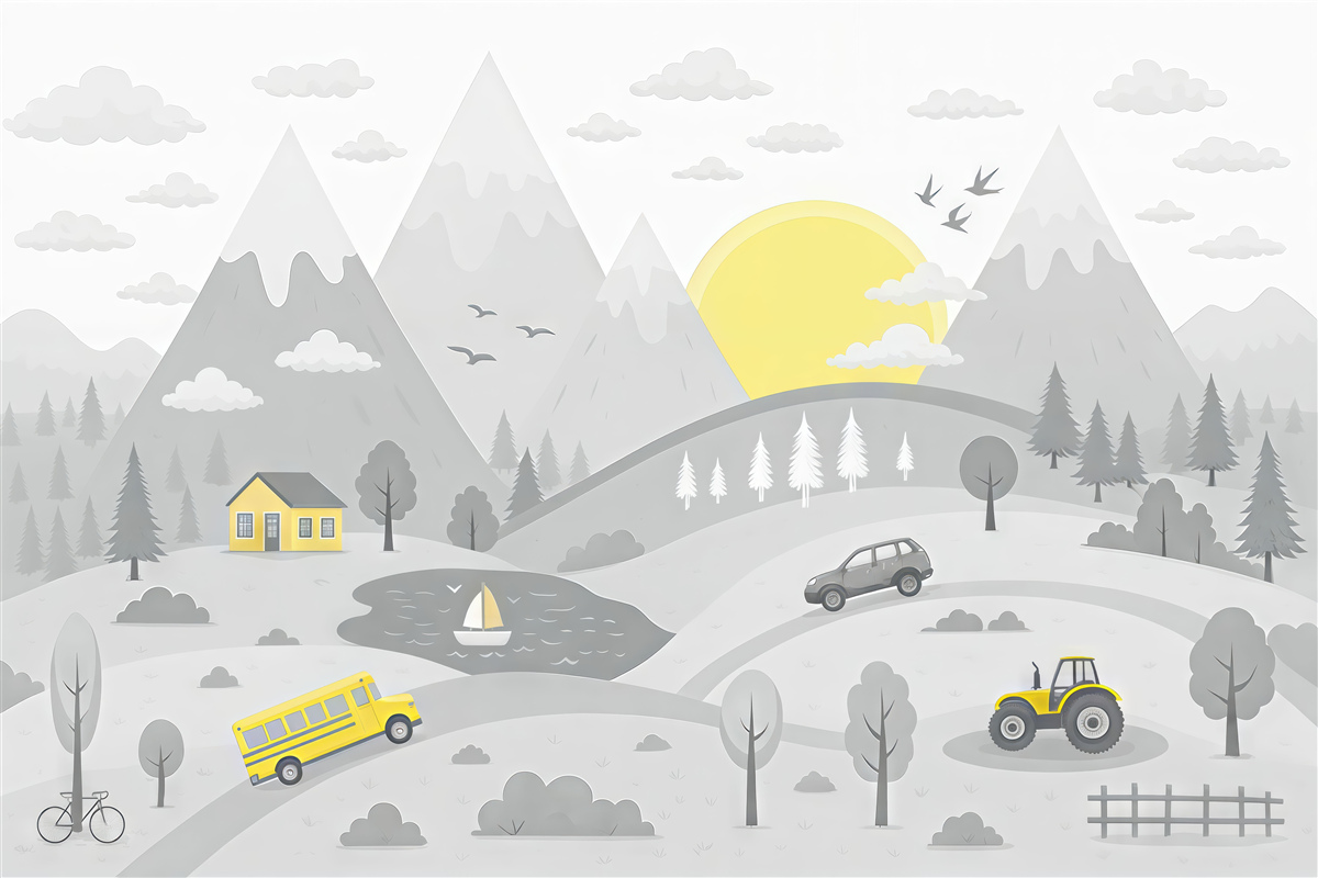 Fototapeta Góry, słońce i auta w dziecięcym pokoju.