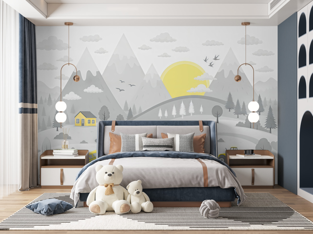 Fototapeta Góry, słońce i auta w dziecięcym pokoju.