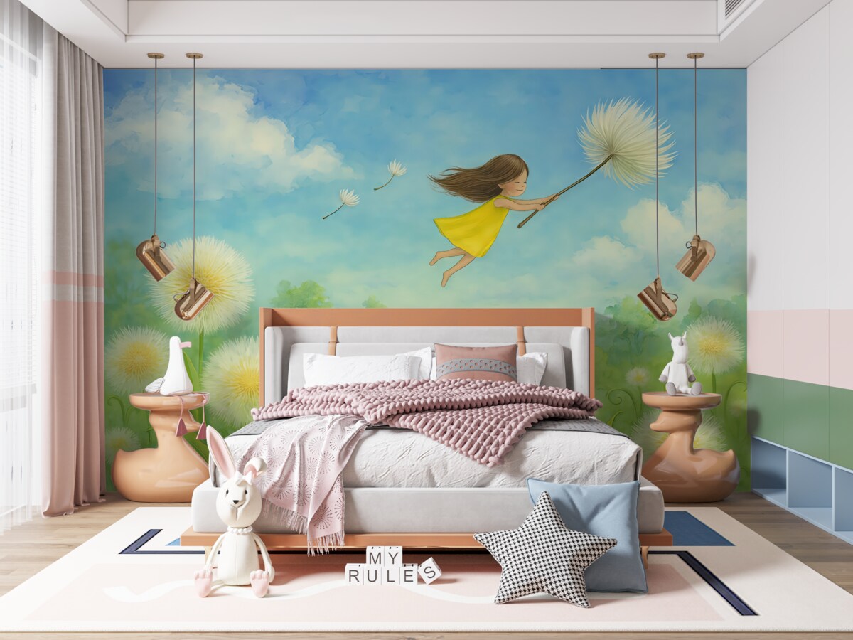 Fototapeta Krajobraz dla maluchów z dziewczynką i mleczami.