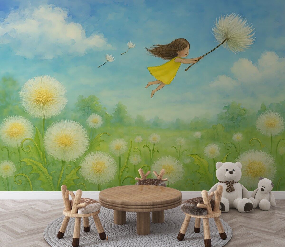 Fototapeta Krajobraz dla maluchów z dziewczynką i mleczami.