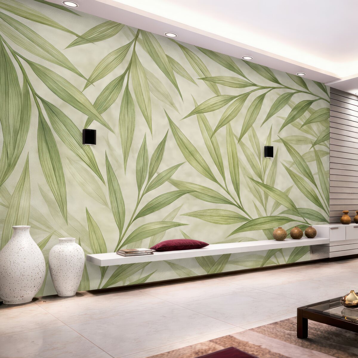 Fototapeta Zielone liście w subtelnych akwarelowych tonacjach.