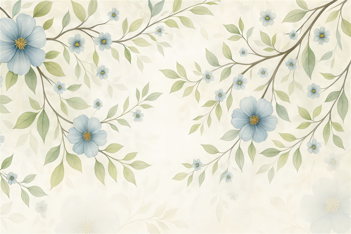 Fototapeta Gałązki z zielonymi liśćmi oraz niebieskimi kwiatami.