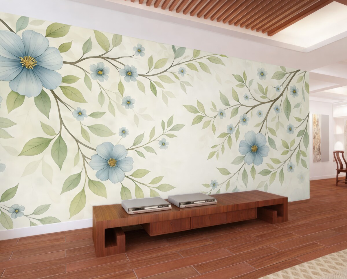 Fototapeta Gałązki z zielonymi liśćmi oraz niebieskimi kwiatami.