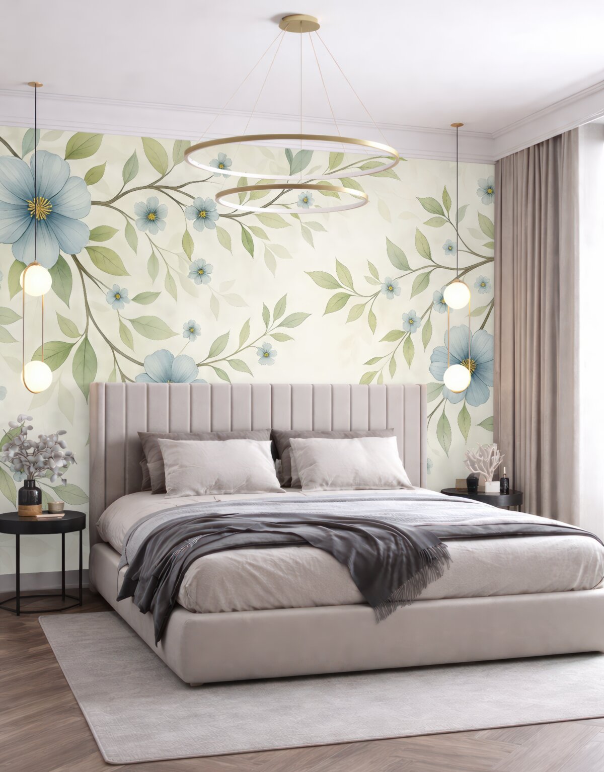 Fototapeta Gałązki z zielonymi liśćmi oraz niebieskimi kwiatami.