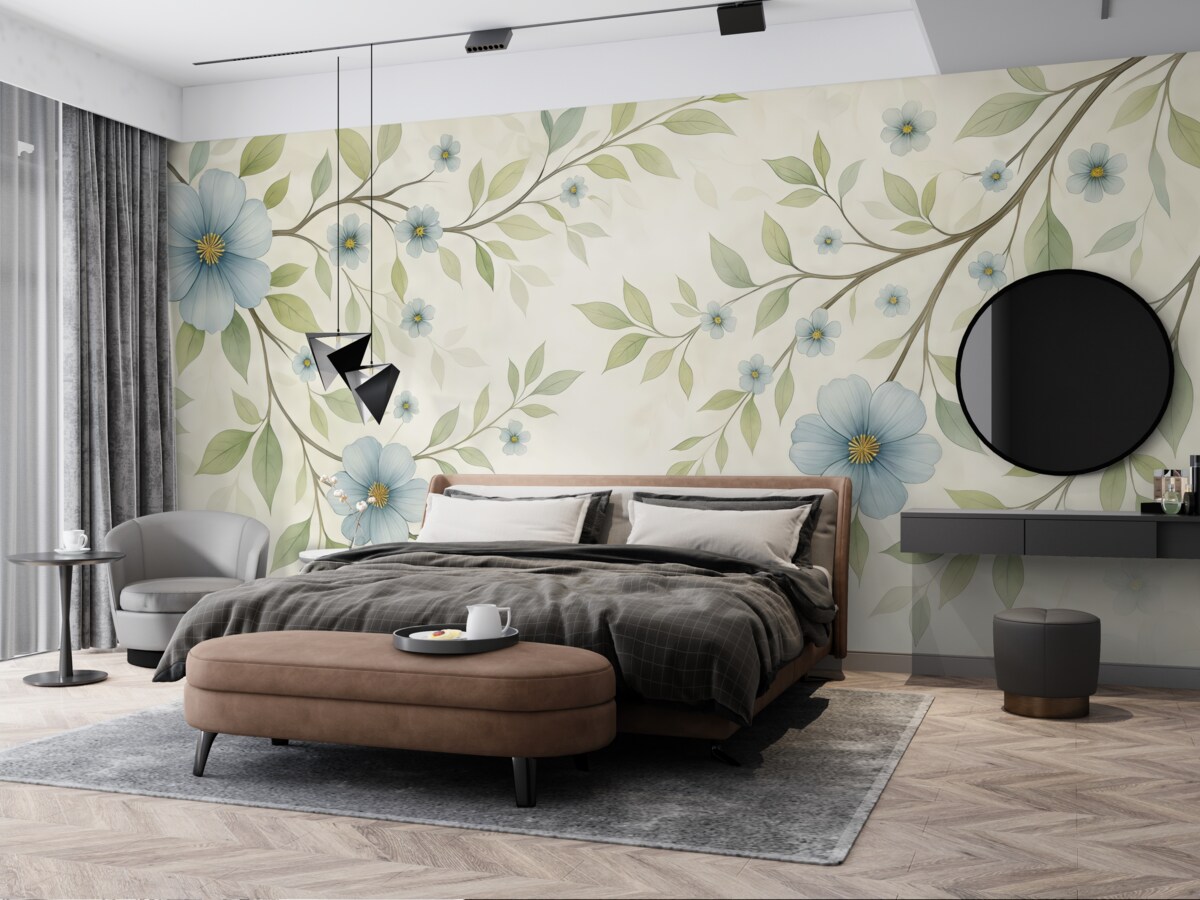 Fototapeta Gałązki z zielonymi liśćmi oraz niebieskimi kwiatami.