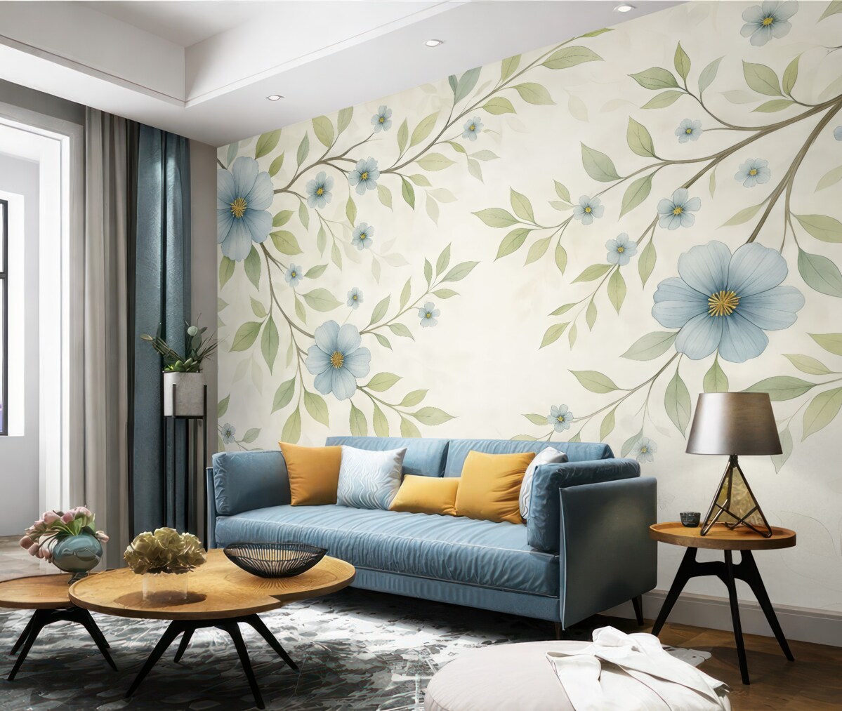 Fototapeta Gałązki z zielonymi liśćmi oraz niebieskimi kwiatami.